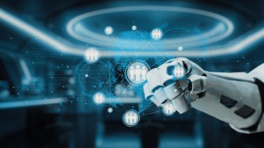 Bir robot kol, ileri teknolojiyi ve yüksek teknolojili çalışma alanındaki küresel bağlantıyı sembolize eden dijital bir insan figürleri ağına ve bir dünya haritasına uzanır. Auvana