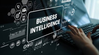 Modern bir dizüstü bilgisayar ekranında Veri Görselleştirme ve Analitik Araçlarla İş Zekası Kontrol Paneli Konsepti. Asemptotik akıllı veri analitiği.