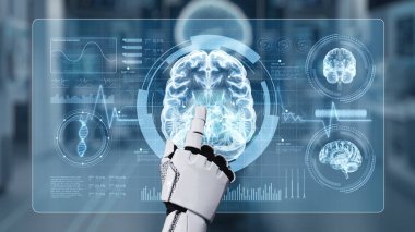 Tıbbi verilere ya da teşhis semptomlarına erişmek için robot ellerle beyin hologramına tıklayın. Yapay zeka semptomları analiz ederken beyin anatomisini kontrol eden robot el. Sağlıklı..
