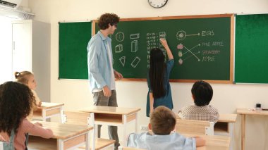 Genç Asyalı kız sınıfta dururken tahtada matematik formülü yazıyor. Çekici ilköğretim öğrencisi matematik dersinde çalışırken ya da soru cevap verirken. Eğitim konsepti. Pedagoji.