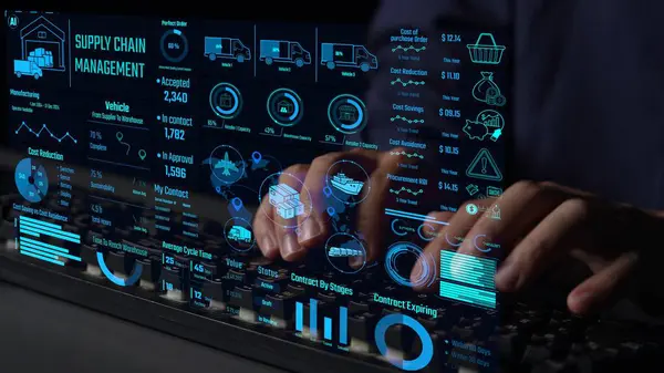 Tedarik zinciri yönetim arayüzü teslimat güzergahlarını, depo verimliliğini, maliyet tasarruflarını, araç takibini, satın alma işlemlerini ve sözleşme aşamalarını gösteriyor. Gelecekçi tedarik zinciri izleme sistemi. Thunk