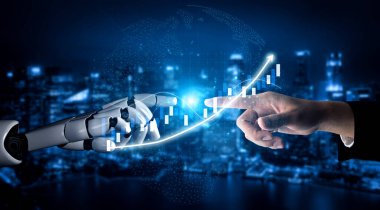 İnsan ve robot arasındaki işbirliğinin çarpıcı görsel temsili, canlı bir şehir ortamında finansal büyüme ve veri entegrasyonunu gösteriyor. Etki