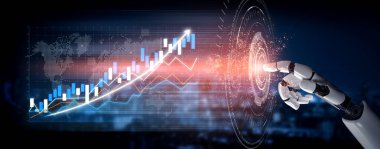 Bir robot el, veri analizlerinin ve finansal sezgilerin geleceğini temsil eden canlı dijital grafiklerle etkileşir. Bu görüntü yeniliği yakalar. Etki