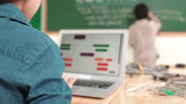 Kız, yazılım geliştirme planı yazarken yapay zeka yazılımı ya da programlama sistemini kullanarak kök sınıftaki elektronik ana tahtada yapay zeka üretiyor. Pedagoji.