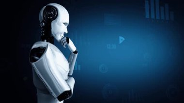 Future financial technology controll by AI robot huminoid uses machine learning and artificial intelligence to analyze business data and give advice on investment and trading decision . 3D rendering .