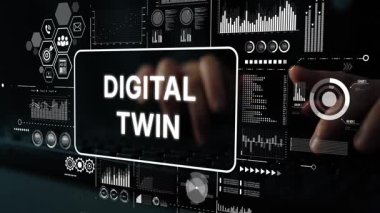 Arkaplanda Eller Klavyede ve Veri Görselleştirmelerinde Dijital İkiz Teknolojisi 'nin Gelecek Konsepti. Asemptotik akıllı veri analitiği.