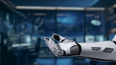 Robot bir el dijital teknoloji simgelerinden oluşan bir seçim sunuyor, yenilik ve otomasyonu sembolize ediyor, parlak, modern bir ofiste geçiyor, ticaretin geleceğini temsil ediyor. Auvana