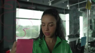 Fikirlerini paylaşmak için cam duvara yapışkan notlar yapıştıran zeki, yetenekli İspanyol menajer. Ofisteki cam tahtada yapışkan notlar kullanarak iş planı yapan profesyonel bir iş kadını. Yönlendirici.