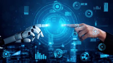 Fütürist grafikler ve verilerle dolu dijital bir arkaplan karşısında, insan ve robot eller arasındaki bağlantıyı gösteren çarpıcı bir görüntü. Xenic