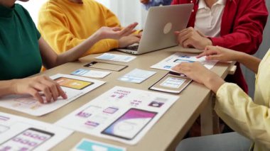 Mobil uygulama ya da web sitesi için kullanıcı arayüzü prototipi planlayan şirket çalışanlarının panorama videosu. UX UI tasarım beyin fırtınası kullanıcı dostu arayüz planı tasarlıyor. Sinerjik