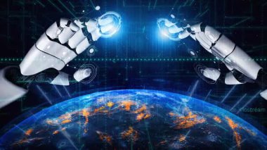 Teknoloji ve bağlantının kesişimini sembolize eden dönen ikili kodlarla çevrili dijital bir Dünya 'ya uzanan iki robot elin büyüleyici bir çizimi. Xenic