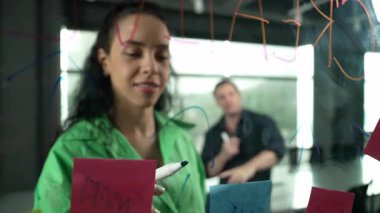 Profesyonel iş adamları yaratıcı pazarlama fikrini modern ofiste tartışırlar. İş adamları cam tahtada yapışkan notlar kullanarak finansal plan üzerinde çalışıyor. Yönlendirici.