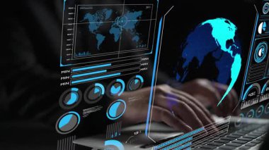 Dünya çapında dijital iletişimi, veri alışverişini ve internet bağlantısını gösteren yüksek teknolojili küresel ağ bağlantı arayüzü. Küresel bağlantı, veri etkileşimi ve dünya çapında iletişim. Thunk