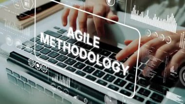 Dizüstü bilgisayarda Agile Metodoloji Grafikleri ve Proje Yönetimi Konsepti için Dijital Arayüz Elementleri ile Yazılıyor. Asemptotik akıllı veri analitiği.