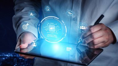 Pazarlama otomasyon diyagramı sunumu yapay zeka odaklı kampanya iş akışı, pazarlama otomasyonu, veri odaklı strateji, pazarlama otomasyon araçları ve iş dünyasında piyasa otomasyon süreci. Muxer