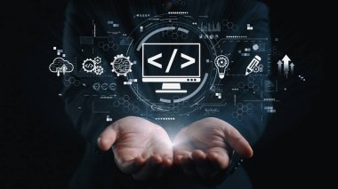 Kodlama sembolleri, web geliştirme süreci, web geliştirme arayüzü ve web geliştirme araçlarını içeren modern web geliştirme kavramı. Elide