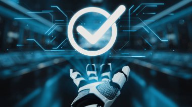 Yüksek teknolojili dijital arkaplan karşısında parlayan bir işaret işareti olan fütüristik robotik elin çarpıcı bir görüntüsü dijital doğrulama ve teknoloji güvencesinin özünü somutlaştırıyor. Auvana