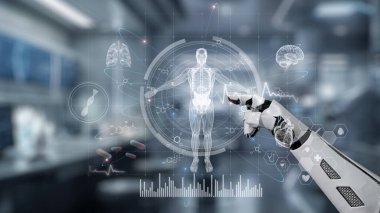 İnsan anatomisini gösteren ve bulanık laboratuvar geçmişine sahip robot el işaretlerini kapat. Robot el, tıbbi verileri teşhis semptomlarına bağlamak için x ray gösterge paneline tıklıyor. Sağlıklı..