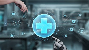 Robot ve insan elini uzatıyor ve yüzen tıbbi haç ikonu ile parmağıyla işaret ediyor. Laboratuvar geçmişini işaret ederken robot eller ve insanların birlikte çalışması yakın plan. Sağlıklı..