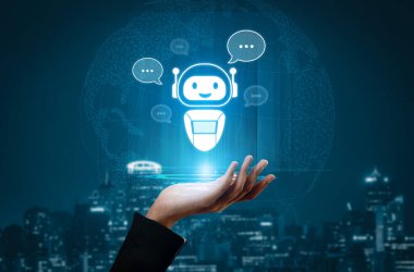 Yapay zeka sanal asistanı kullanıcılarla yapay zeka konuşma baloncukları aracılığıyla iletişim kuruyor, yapay zeka otomasyonunu sembolize ediyor, akıllı iletişim ve yapay zeka Vouch 'u destekliyor