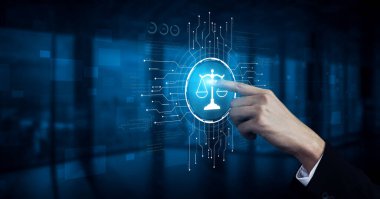 Adalet ölçeğini gösteren fütürist dijital hukuk arayüzü, dijital hukukun altını çizen, AI uyumu, dijital hukuk sistemleri ve güvenli yönetim için dijital hukuk düzenlemeleri. Eğri