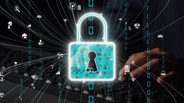 Çeşitli siber semboller arasında parlayan bir kilidin dijital çağda gizlilik ve veri korumanın önemini vurgulayan dijital güvenliğin görsel bir temsili. Xenic