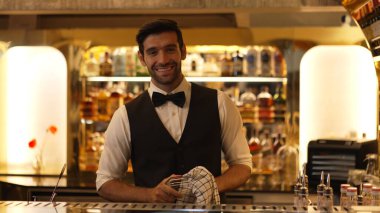 İyi görünümlü, gülümseyen, bardaki lüks içki tezgahında cam silen barmen profili. Bar gece kulübünde sıcak karşılayan profesyonel barmen kostümünü poz vermek için kameraya bakıyor. Vinosity.