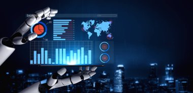 Fütürist robot bir el, yenilik ve teknolojiyi sembolize eden çarpıcı bir gece manzarasına karşı grafikler, istatistikler ve bir dünya haritası içeren dijital bir panel sergiliyor. Etki