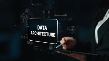 Karanlık Çevredeki Dijital Arayüz ve Grafiklerle Modern İş Veri Mimarisi Görselleştirme. Asemptotik akıllı veri analitiği.