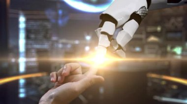 Bir robot el yüzen dijital ikonlara ve viteslere uzanıyor, gelişmiş bir ofis ortamında teknoloji ve otomasyondaki yeniliği simgeliyor. Auvana