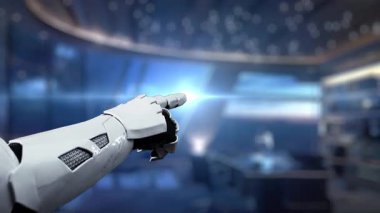 Bir robot el, modern bir teknoloji ortamında yapay zeka arayüzüne ulaşarak, gelişmiş teknolojinin günlük hayatta ve iletişimde bütünleşmesini sembolize ediyor. Auvana