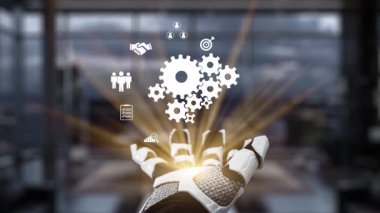 Bir robot el, otomasyon ve modern iş stratejileri arasındaki sinerjiyi vurgulayarak ileri teknoloji ve yeniliği sembolize eden dijital simgeler sergiliyor. Auvana