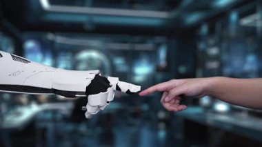 Bu video insan ve yapay zeka arasındaki etkileşimi gösteriyor, yüksek teknolojili dijital ağın ortasındaki merkezi bir yapay zeka sembolüne uzanan eller. Auvana