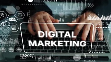 Modern Çalışma Alanında Elleri Bilgisayarda Dijital Pazarlama Grafikleri ve Veri Elementleri ile Yazıyor. Asemptotik akıllı veri analitiği.