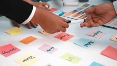 Yaratıcı işbirliği içinde olan dinamik bir profesyonel grup, beyin fırtınası sırasında yenilikçi stratejiler geliştirmek için renkli yapışkan notlar ve işaretler kullanıyor. SACTR