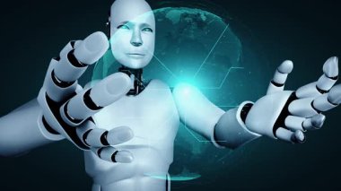 AI hominoid robot holding virtual hologram screen showing concept of big data analytic using artificial intelligence thinking by machine learning process. 3D rendering.