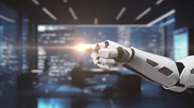 Robotik bir el holografik bir arayüzle etkileşime girer ve modern bir ofiste ileri teknoloji sergiler. Sahne, şık bir ortamda yenilik ve dijital etkileşimi vurguluyor. Auvana