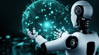 Future financial technology controll by AI robot huminoid uses machine learning and artificial intelligence to analyze business data and give advice on investment and trading decision . 3D rendering .