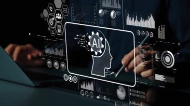 Laptop ekranında Al-Driven Insight ve Analitik Veri Görselleştirmesi ile Gelecek Arayüzü. Asemptotik akıllı veri analitiği.