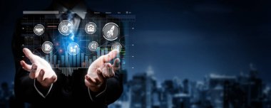 Modern bir borsa ortamında dijital analitik ve pazarlama stratejileri sergileyen profesyonel bir figür, gelecekteki büyüme için yenilik ve karar verme mekanizmasını temsil ediyor. XDMCP