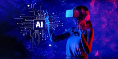 Bir kadın, canlı bir dijital ortamda yapay zeka motifleri ile etkileşime girerek, gelecekteki yenilikleri ve dijital bağlantıları vurgulayarak sanal gerçeklik teknolojisini deneyimliyor. XDMCP