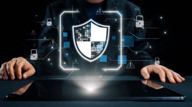 Günümüz dünyasında dijital güvenlik ve veri korumanın önemini gösteren, teknoloji unsurlarının bir zemin zeminine karşı bir kalkan sembolü içeren kavramsal bir görüntü. Dörtgen