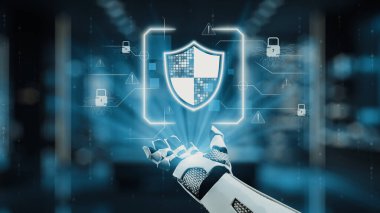 Korunma ve güvenliğe odaklanmış ileri teknoloji ortamında gelişmiş siber güvenlik önlemlerini sembolize eden parlayan dijital bir kalkana doğru bir robot el uzanıyor. Auvana
