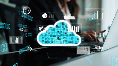 Veri analiz elemanları ve iş haritalarıyla dijital bulut hesaplama. Teknoloji, yenilik ve veri odaklı karar verme için mükemmel. Xenic