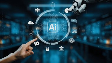 Robotik eller, dijital simgeler ve veri analizi ve güvenlikle ilgili unsurların yer aldığı yapay zeka teknolojisinin çarpıcı bir görsel temsili. Auvana