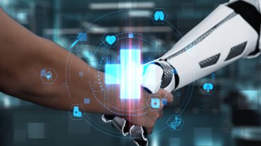 Robot elini kapat ve insan elini tıbbi çapraz hologramla sık. Yapay zeka ve insan birlikte çalışmak ya da bulanık laboratuarlarla yüzen çapraz hologramla anlaşma yapmak. Sağlıklı..