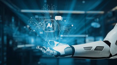 Gelecekçi bir robotik el, teknolojinin yönlendirdiği bir ortamda parıldayan veri sembolleri ve iletişim simgelerinin yer aldığı, yapay zekanın ilgi çekici dijital bir konseptini sergiliyor. Auvana