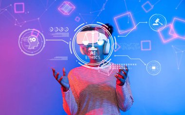 Sanal gerçeklik gözlüğü takan bir kişi etik, yapay zeka ve dijital yönetim kavramlarına bağlanarak, sorumlu teknoloji kullanımının önemini vurguluyor. XDMCP