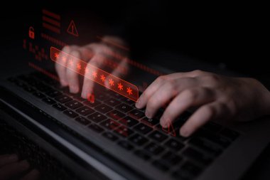 Kırmızı yıldız kutulu şifre ihlali uyarısı, siber güvenlik alarmı, kilit simgeleri ve dijital sistem erişiminde kritik hassasiyet sinyalleri