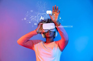 Üretken yapay zeka sohbet robotlarının yeteneklerini araştırırken sanal gerçeklik teknolojisiyle uğraşan bir kişi. Bu resim makine öğrenme ve kullanıcı etkileşimindeki gelişmeleri vurgular. XDMCP